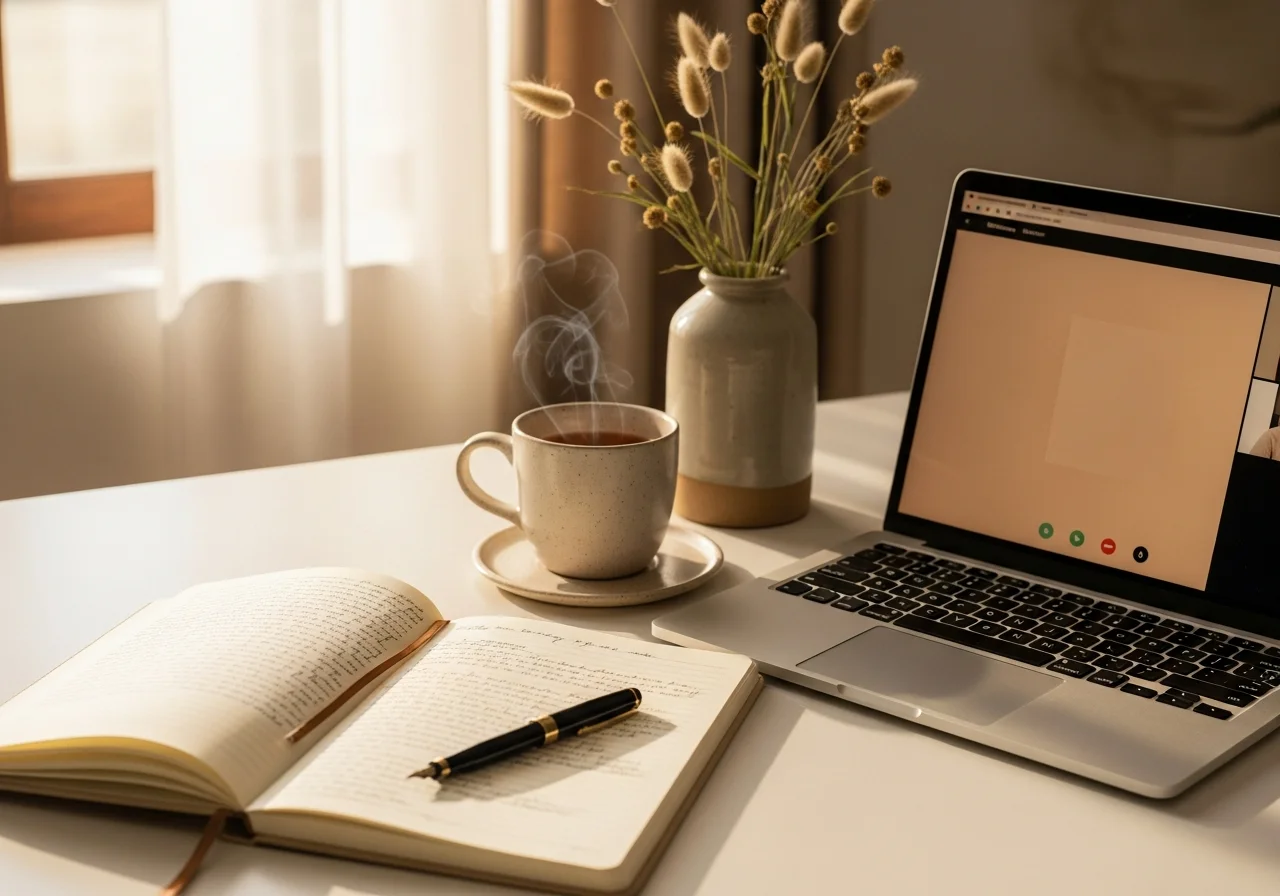 Heller Arbeitsplatz mit Notizbuch und Laptop für einen Online-Kurs